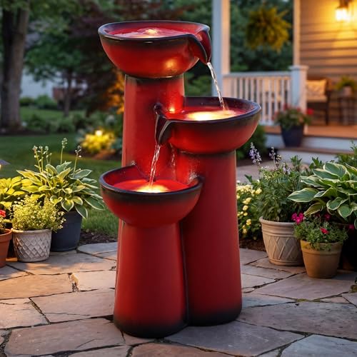 27" H Faux Ceramic Outdoor Water Fountain with LED Lights