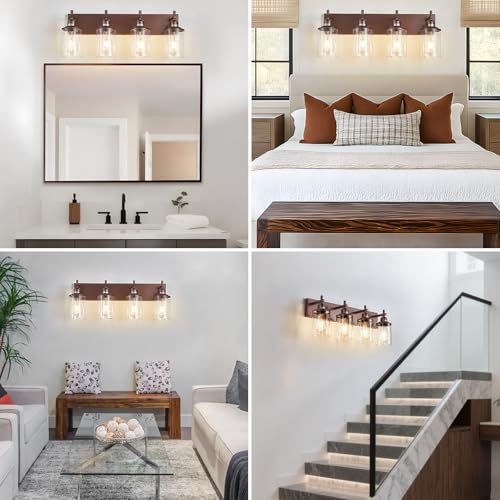 4 Light Bronze Bathroom Light Fixtures Over Mirror