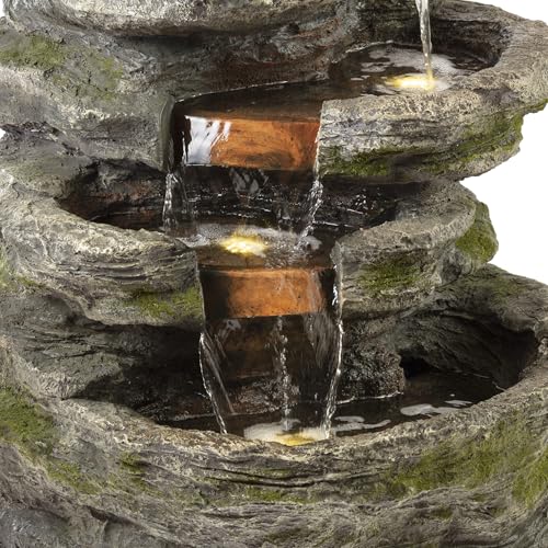 WIN1146 Outdoor Floor Cascading 8 Tiered Rock Garden Water Fountain with LED Lights