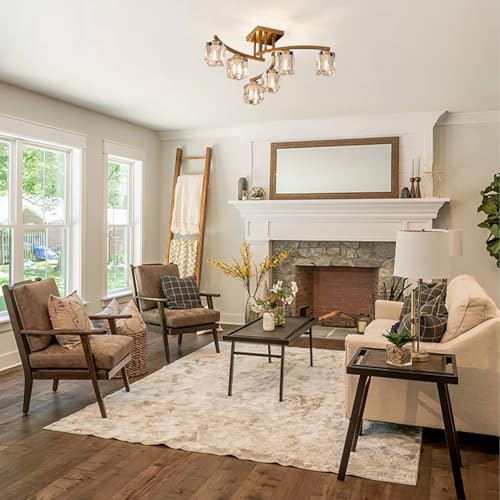 6 Lights Semi Flush Mount Ceiling Light Black and Gold Ceiling Fixture Farmhouse Dining Room Light Fixture with K9 Crystal Shades Modern Chandelier for Living Room Bedroom Entryway