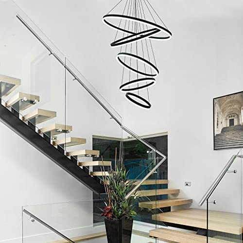 5 Rings Modern LED Chandelier Black Dimmable High Ceiling Chandelier for Dining Room with Remote Control for Foyer Living Room Entryway Staircase