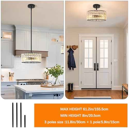 Black 3 Light Crystal Chandelier, Modern Dining Room Light Fixture over Table, Round Kitchen Lighting Fixture, Farmhouse Semi Flush Mount Ceiling Pendant Light for Living Room Bedroom Hallway Entryway