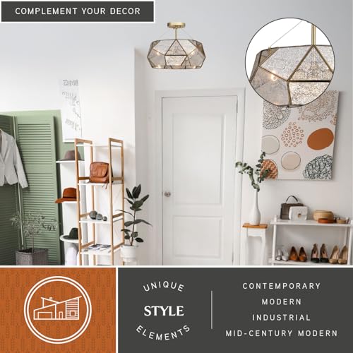 Euclid 16 in W Gold Aged Brass Contemporary Geometric Semi Flush Mount Ceiling Light Fixture with Silver Mercury Glass Shade