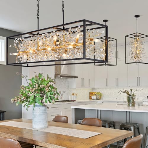 Modern Black and Gold Rectangle Crystal Chandelier for Dining Room