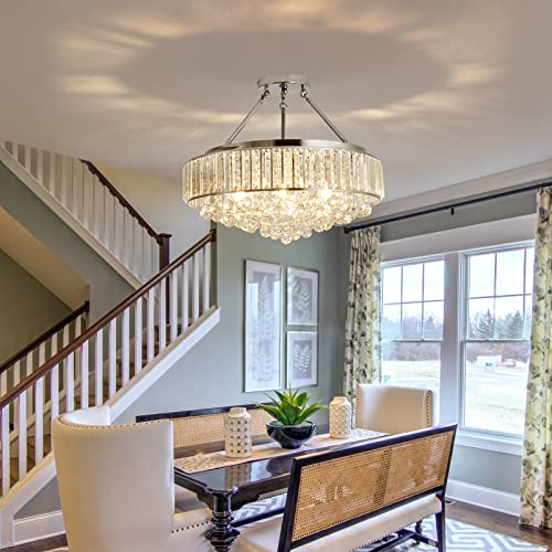 6 Light Modern Large Round Crystal Chandelier Chrome Semi Flush Mount Ceiling Light Fixtures E26 Ceiling Lamp for Dining Room Living Room Laundry Room Foyer Kitchen Balcony Bedroom