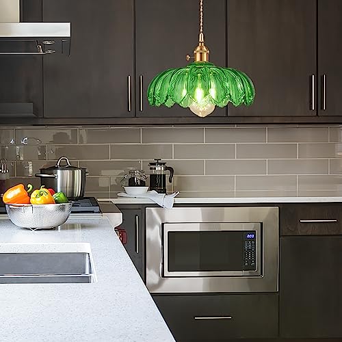 Grass Green Glass Pendant Light Fixtures Medium 9.8 Inches Lampshade Gold Brass Finish and Switch Vintage Pendant Ceiling Lamp Copper Pendant Lighting