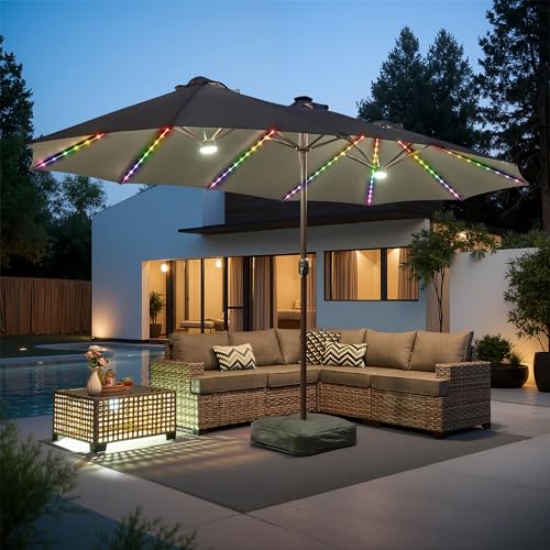 15ft Large Patio Umbrellas with Base & Solar Lights
