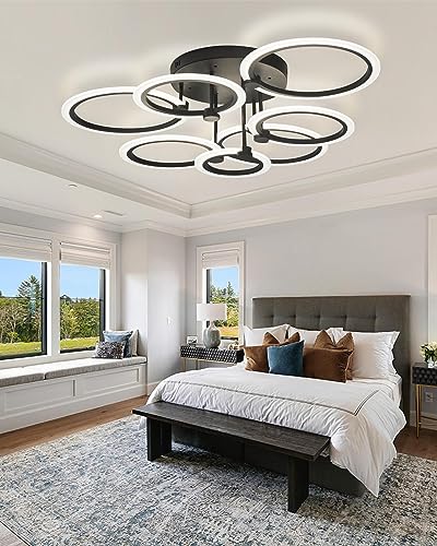 Modern LED Ceiling Light 7 Rings Dimmable Fixtures with Remote Black Close to Ceiling Light 31.8" 130W 3000K