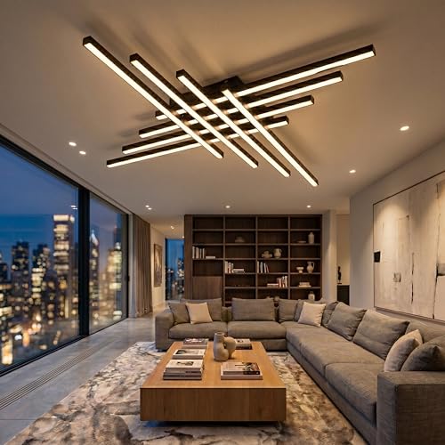 Flush Mount Ceiling Light Fixture 45.7" Modern Black Sputnik Dimmable LED Lamp with Remote Control Ideal for Bedroom Living Room Kitchen Room