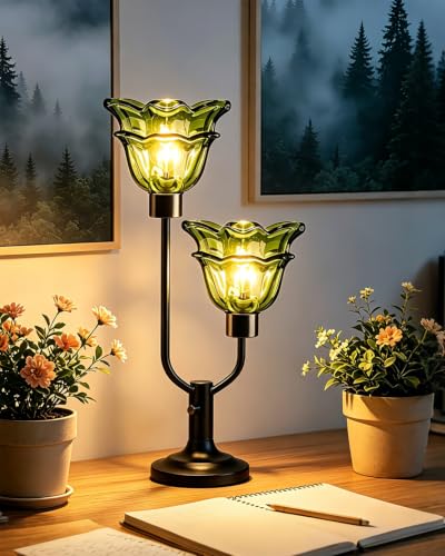Green Mid Century Modern Flower Table Lamp for Bedroom Dimmable