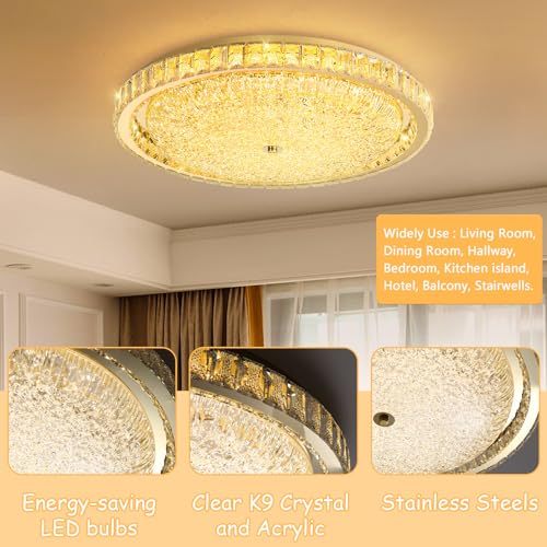 24" Modern Crystal Chandelier Dimmable LED Flush Mount Ceiling Light with Remote Control for Bedroom Hallway Dining Room Gold