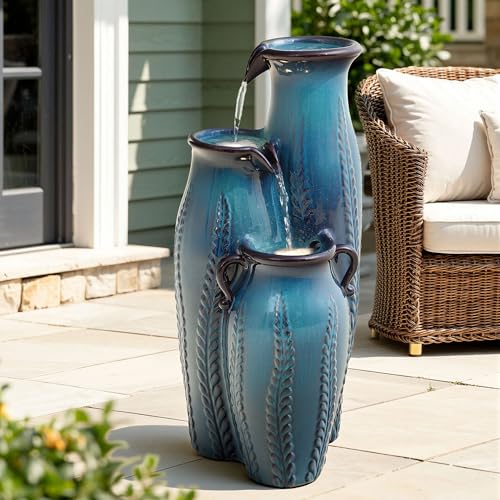 30" Ceramic Vase Water Fountain Outdoor with LED Lights