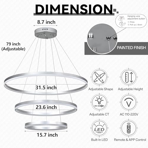 31.5" Nickel Modern Led Chandelier 3 Ring Modern Led Pendant Light Contemporary Ring Chandeliers Dimmable Chandeliers Color Temperature Adjustable Height Hanging Chandelier for Entryway