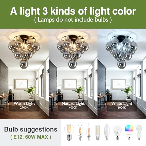 Modern Sputnik Ceiling Light Fixture 2 Light Flush Mount Chandelier with 11 Glass Globe Black Dining Room Light Fixture for Living Room Master Bedroom Kitchen Farmhouse