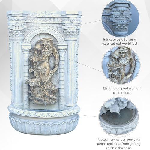 30.3" Solar Powered Wall Fountain with Gold Flower Maiden Statue
