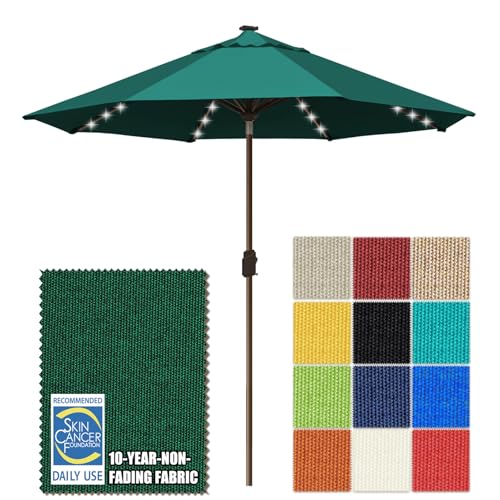 USA 10-Year-Non-Fading 10ft Market Patio Umbrella, Commercial Grade Table Sun Umbrella with 80 Solar LED Lights, Crank Open, Windproof & UPF 50+ UV Protection for Garden, Deck, Pool, Backyard, Forest Green