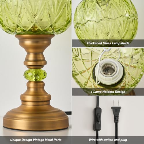 Vintage Glass Green Table Lamp Fixture with E26 Bulb Desk Lights with Plug Switch for Bedroom Living Room Dressing Room