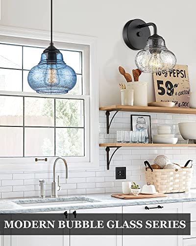8 Inch Pendant Light for Kitchen Island Modern Blue Hand Blown Bubble Glass Pendant Lighting Hanging Light fixtures for Dining Room Bar Bedroom Living Room