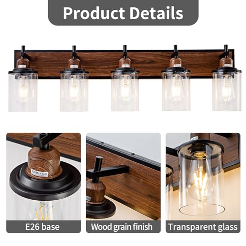 5 Light Farmhouse Bathroom Light Fixtures Vintage Bathroom Vanity Lights Over Mirror Black and Wood Painted Metal Vanity Light for Bathroom with Glass Shades E26 Socket