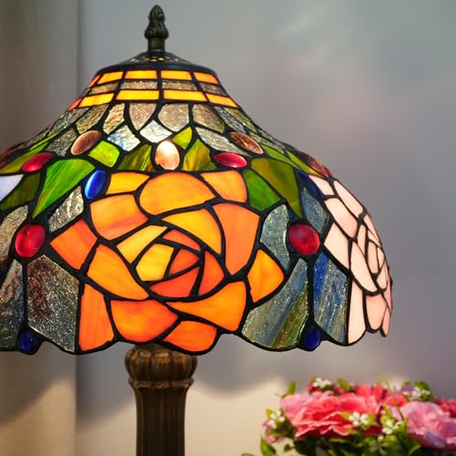 Tiffany Table Lamp Stained Glass Lamp Antique Nightstand Bedside Accent Desk Light for Bedroom Living Room Home Office Light +LED Bulb