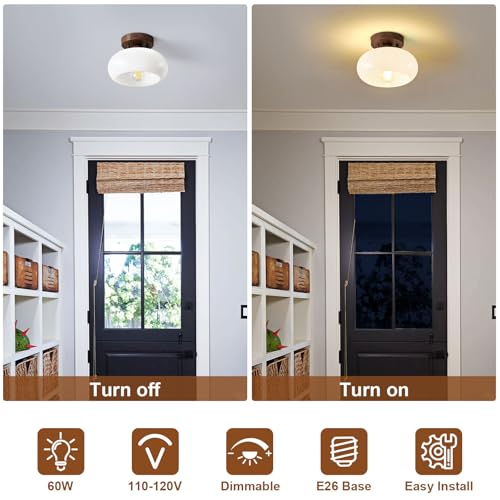 Mid Century Modern Faux Walnut Wood Semi Flush Ceiling Light 8.66 Inch
