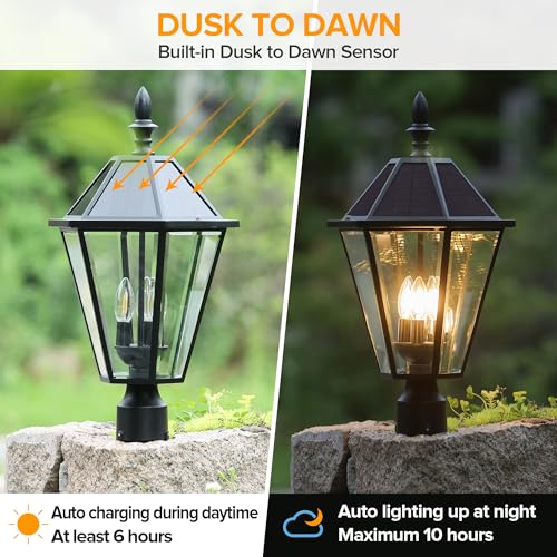 12513LE4-SL-Head LED Post Solar Light Outdoor, Dusk to Dawn Vintage Street Lights for Lawn Patio Yard Pathway Garden Mount (Base Not Included)