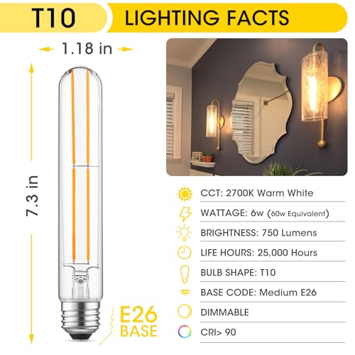 Dimmable E26 Light Bulb 6W Equal 60 watt LED Light Bulbs AC120V Warm White 2700K Edison 60 Watt 750LM T10 Bulb for Rustic Pendant (6 Count)