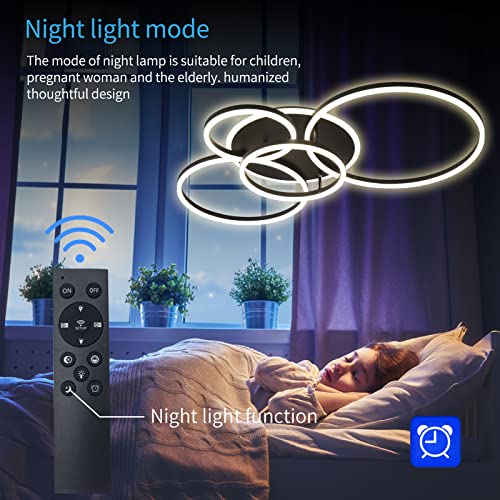 Modern LED Ceiling Light 90W Dimmable Ceiling Light Fixture with Remote Control 5 Rings Flush Mount Ceiling Light Black Acrylic Chandelier LED for Living Room Bedroom Kitchen Light fixtures