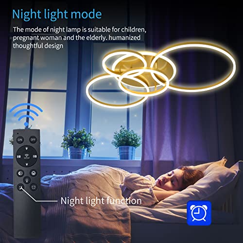 Modern LED Ceiling Light 90W Dimmable Ceiling Light Fixture with Remote Control 5 Rings Flush Mount Ceiling Light Gold Acrylic Chandelier LED for Living Room Bedroom Kitchen Light fixtures