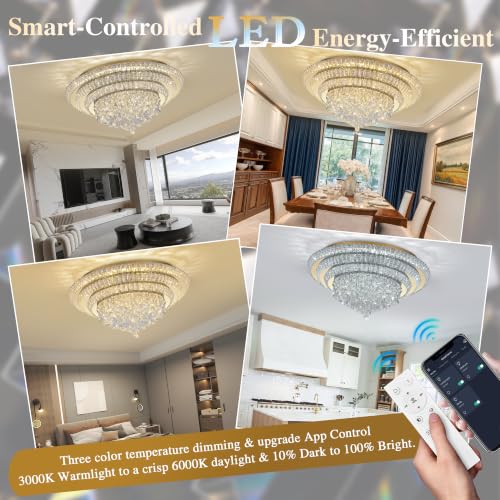 30" Gold Crystal Flush Mount Chandelier Modern LED Ceiling Light Fixture