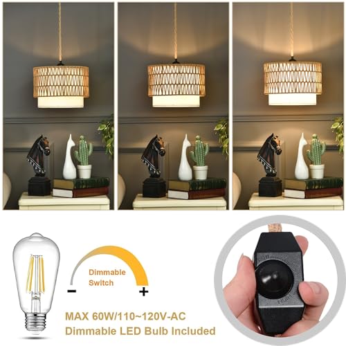 Boho Plug in Pendant Light Rattan Hanging Lights with Plug in Cord (White-circular column / 12)