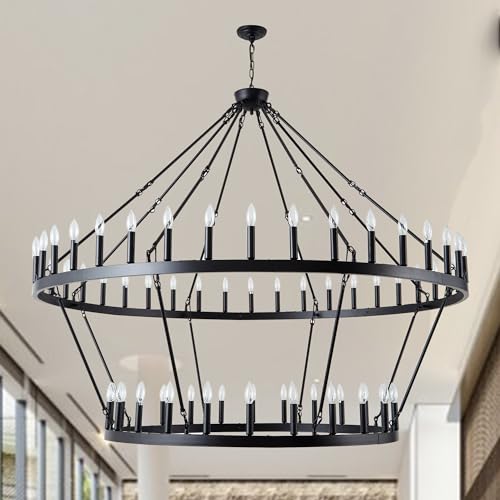 Rustic Farmhouse Wagon Wheel Chandelier Black Large Chandeliers for High Ceilings 2 Tier 64Lights 70 Inch for Dining Room Living Room Foyer Porch Kitchen Island