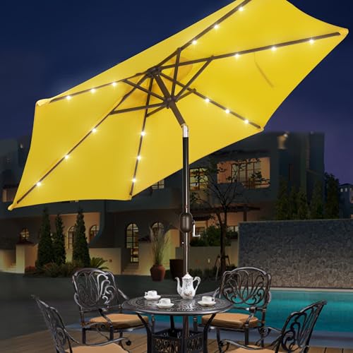 7.5 ft Solar Umbrella 18 LED Lighted Patio Umbrella Table Market Umbrella with Tilt and Crank Outdoor Umbrella for Garden