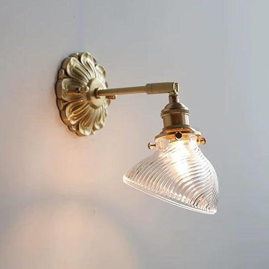 Elegant Brass Wall Sconce Modern Adjustable Home Decor Lighting Fixture with Striped Green/Clear Glass Shade, Japanese-Style Wabi Sabi Polished Brass Hardwired Sconces for Bedroom