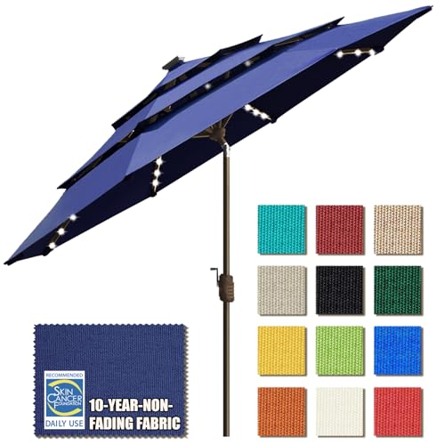 USA 10-Year-Non-Fading 9ft 3-Tier Market Patio Umbrella, Commercial Table Umbrella with 80 Solar LED Lights, Crank Open, Windproof & UPF 50+ UV Protection for Garden, Deck, Pool, Backyard, Navy Blue