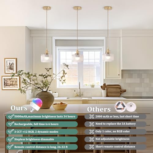 Battery Operated Pendant Light 5000mAh Rechargeable Chandelier with Remote Control Wireless Adjustable Hanging Clear Striped Light for Kitchen Island Dining Room Hallway