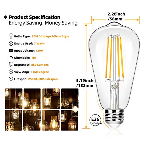 12 Pack Vintage 7W ST58 LED Edison Light Bulbs 60W Equivalent (12 Count)