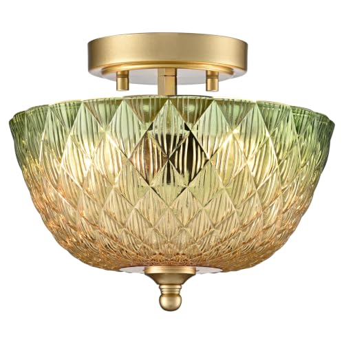 Semi Flush Mount Ceiling Light with Green & Amber Glass Shade