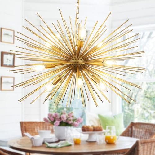 29in 9 Lights Gold Sputnik Chandelier Mid Century Modern Starburst