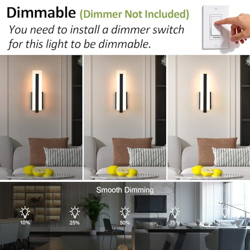 Hardwired Black Dimmable Modern LED Wall Sconce 3000K 3500K 4000K 5000K 6000K Indoor Wall Lights Up and Down Wall Mount Light for Living Room Bedroom Hallway Corridor
