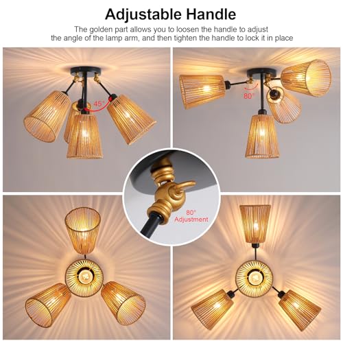 4 Light Rattan Boho Ceiling Light Adjustable Arms Farmhouse Fixture (1 Pack 4-Light)