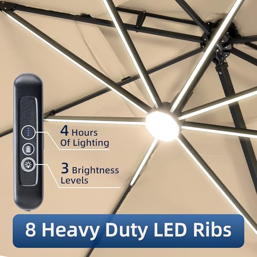 10x13FT Patio Cantilever Outdoor Offset Umbrella with LED Lights