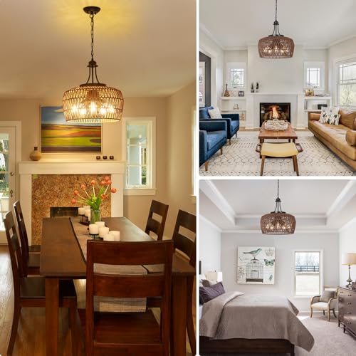 Coffee Rattan Chandeliers for Dining Room