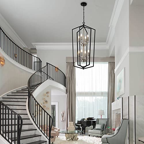 8 Light Lantern Tired Farmhouse Ceiling Hanging Light Black Chandelier Metal Modern Pendant Light Fixtures for Kitchen Island Dining Room Living Room Foyer Entryway