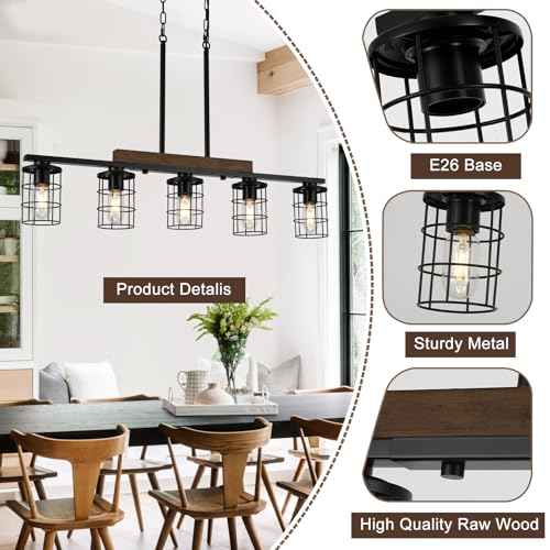 36" Farmhouse Kitchen Light Fixture, Black Hanging Kitchen Chandelier, 5-Light Rustic Dining Room Light Adjustable Height with Wood and Metal Frame, Suit for Farmhouse, Industrial Style