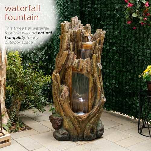 TZL338 Outdoor 3 Tier Waterfall Tree Trunk Floor Fountain with LED Lights for Patio