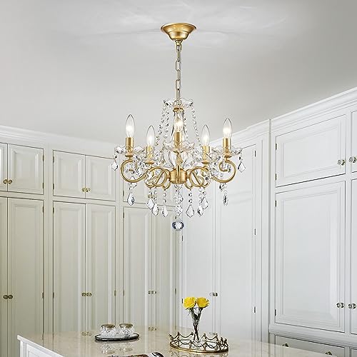 Mini Crystal Chandelier K9 Crystal Gold Chandelier for Living Room Bedroom Dining Room Kitchen Island Entryway 5 E12 Bulbs High 16.5 in x Diameter 16.9 in