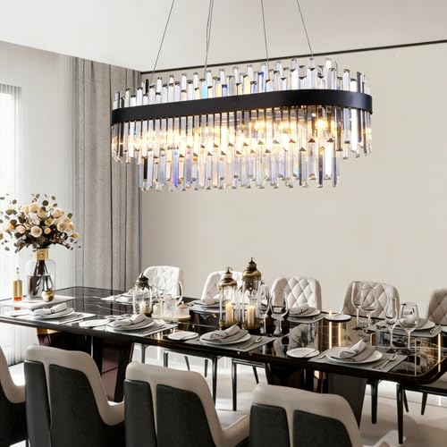 35.4" Black Rectangular Crystal Chandelier Dining Room Kitchen
