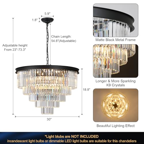 Large Crystal Chandelier Modern Black 30" Round Light Fixture Staircase