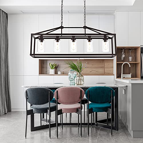 Industrial Rustic Farmhouse Chandelier 5 Light Modern Rectangle Dining Room Light Fixture Hanging Oil Rubbed Bronze Kitchen Island Cage Pendant Lighting with Clear Glass Shade for Hallway Bar